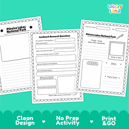 Three printable worksheet pages for Plitvice Lakes National Park shown on a bright teal background. The pages include labeled sections for research questions, notes, and a drawing area.