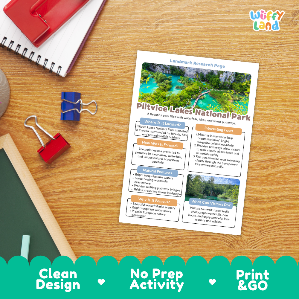 A printed research page about Plitvice Lakes National Park laid on a wooden desk, surrounded by school supplies including a red notebook, blue binder clips, a green pen, and a red folder. The page has colorful text blocks and a lake-and-lavafield photo.
