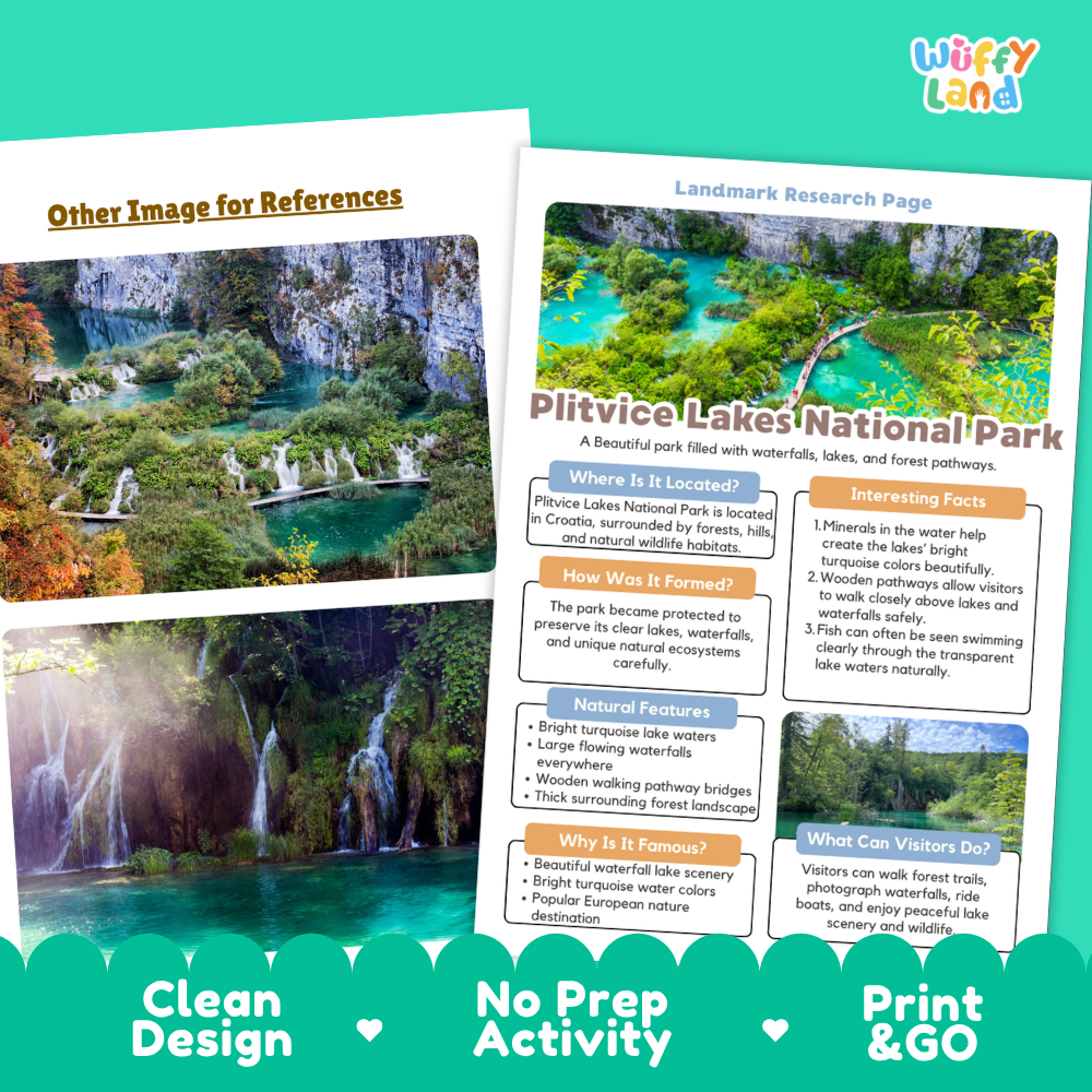 Two educational poster-style printables about Plitvice Lakes National Park are shown on a white background, with marketing text reading 'Other Image for References,' 'Landmark Research Page,' 'Clean Design,' 'No Prep Activity,' and 'Print & GO.' The posters feature scenic lake imagery and text blocks about the park.
