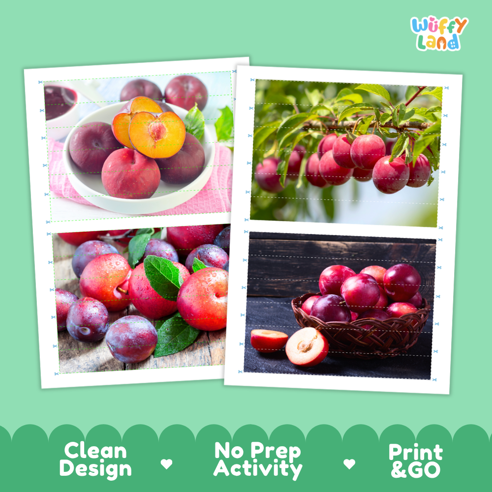 Printable activity sheets featuring photographic plum puzzle boards and cutting guides