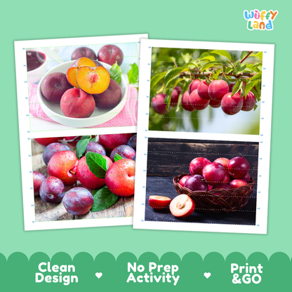 Printable activity sheets featuring photographic plum puzzle boards and cutting guides