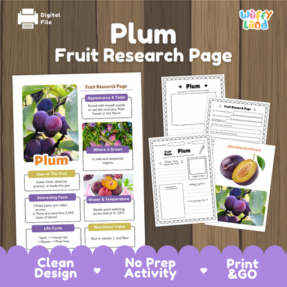 Plum Fruit Research Page Worksheets and Fact Sheet