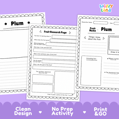 Three printable fruit research worksheet pages for plum are shown on a lavender background with decorative text reading 'Clean Design', 'No Prep Activity', and 'Print & GO'. The worksheets are black-and-white with lined text boxes and drawing areas, and the brand name 'Wiffi Land' appears in the top right.