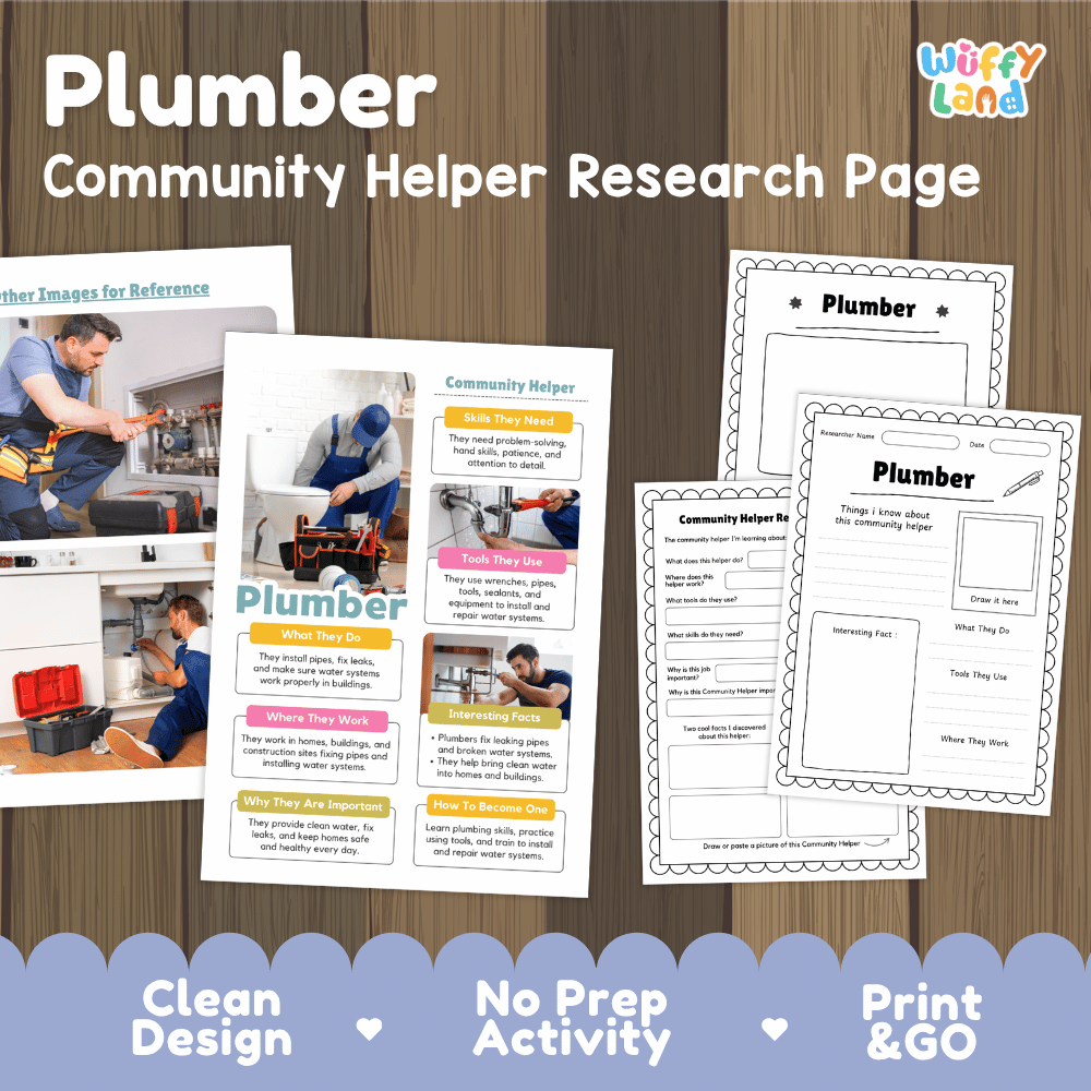 Plumber community helper research page writing worksheets pack featuring real photos and student activity pages for elementary social studies and trade careers