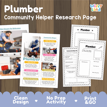 Plumber community helper research page writing worksheets pack featuring real photos and student activity pages for elementary social studies and trade careers