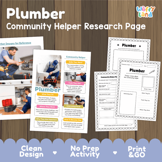 Plumber community helper research page writing worksheets pack featuring real photos and student activity pages for elementary social studies and trade careers
