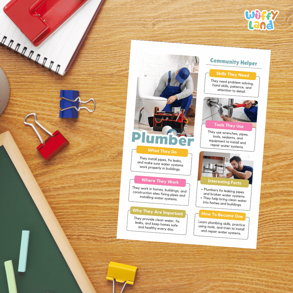 Guided student writing worksheets with lined sections for recording facts and a dedicated box for drawing or pasting a picture of a plumber