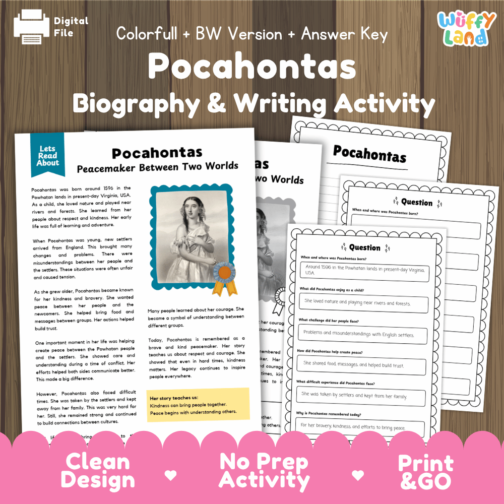 Digital educational activity sheet set for 'Pocahontas Biography & Writing Activity' shown on a wood background with branding at the top and a pink banner at the bottom. The sheets include a colored biography page, a black-and-white portrait page, and writing prompts.