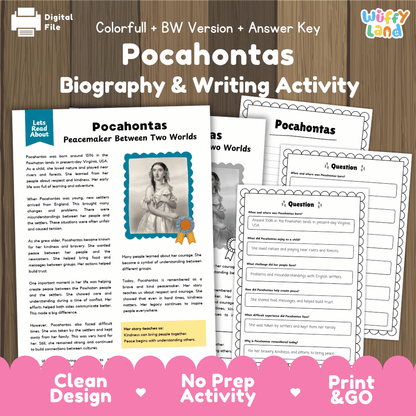 Digital educational activity sheet set for 'Pocahontas Biography & Writing Activity' shown on a wood background with branding at the top and a pink banner at the bottom. The sheets include a colored biography page, a black-and-white portrait page, and writing prompts.