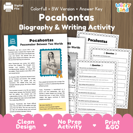 Digital educational activity sheet set for 'Pocahontas Biography & Writing Activity' shown on a wood background with branding at the top and a pink banner at the bottom. The sheets include a colored biography page, a black-and-white portrait page, and writing prompts.