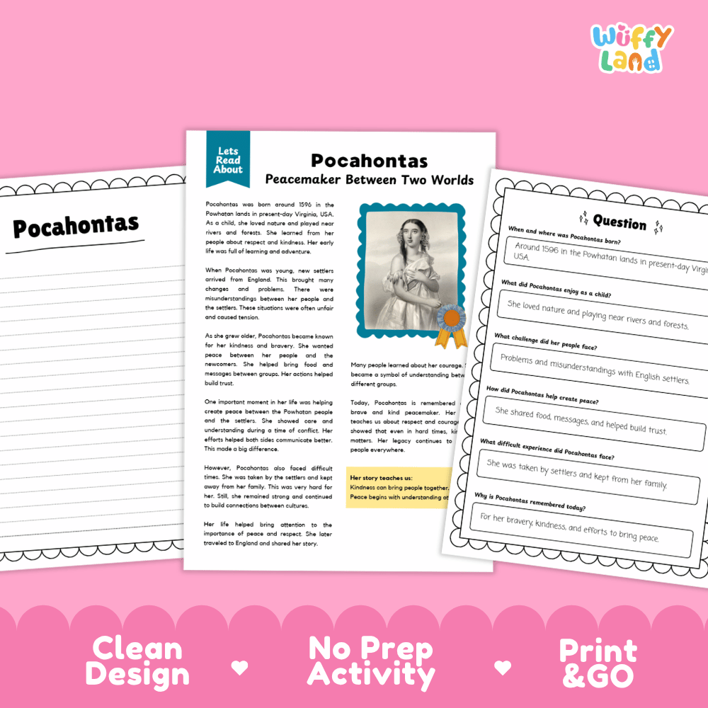 Three educational activity sheets for teaching the poem 'Pocahontas: Peacemaker Between Two Worlds' by Let's Read About, displayed on a pink background with 'Wiffy Land' branding.