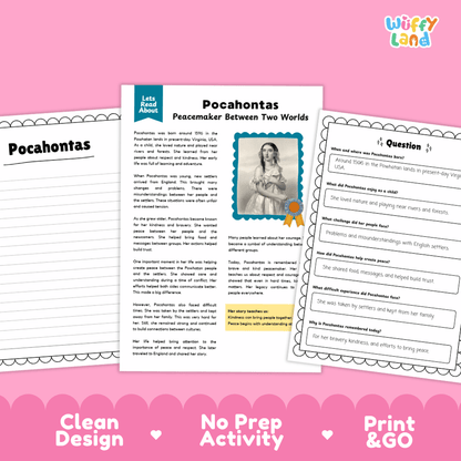 Three educational activity sheets for teaching the poem 'Pocahontas: Peacemaker Between Two Worlds' by Let's Read About, displayed on a pink background with 'Wiffy Land' branding.