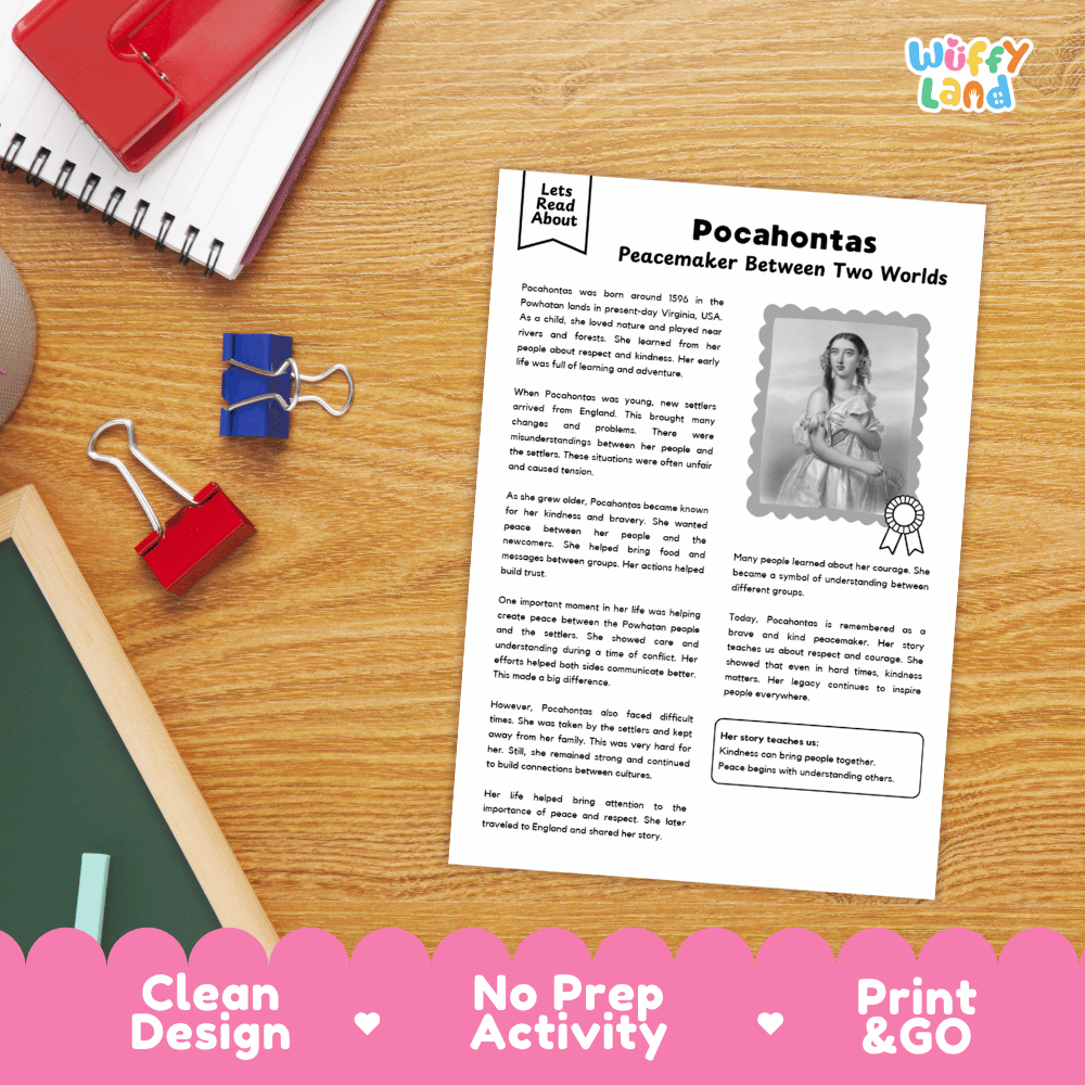 A printed educational activity sheet titled 'Pocahontas Peacemaker Between Two Worlds' laid on a wooden desk with school supplies around it. The sheet includes text, a black-and-white portrait photo, and a ribbon icon.