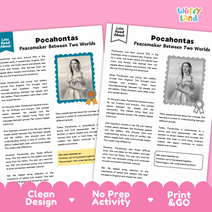 Two educational activity sheets titled 'Pocahontas Peacemaker Between Two Worlds' from the brand Wiffly Land, displayed on a pink background with text reading 'Clean Design', 'No Prep Activity', and 'Print & GO'.