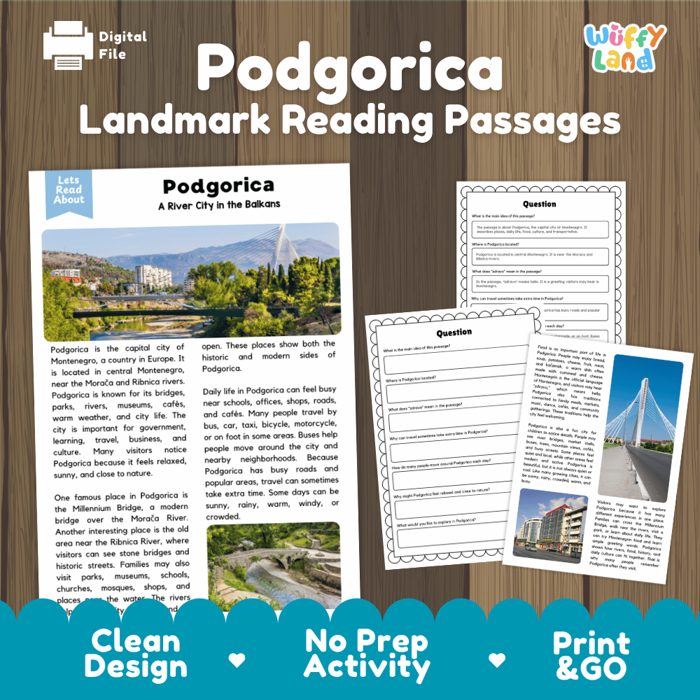 Podgorica landmark reading passages educational unit featuring nonfiction text and authentic Podgorica Montenegro river and bridge photography