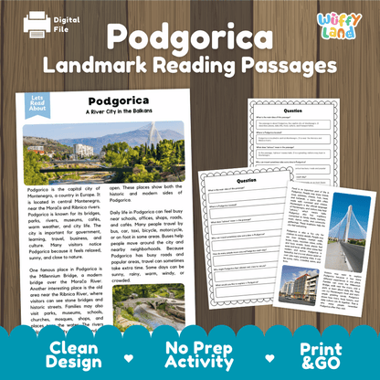 Podgorica landmark reading passages educational unit featuring nonfiction text and authentic Podgorica Montenegro river and bridge photography