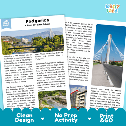Reference sheet and answer key for Podgorica landmark reading passage displaying completed comprehension answers and European geography facts