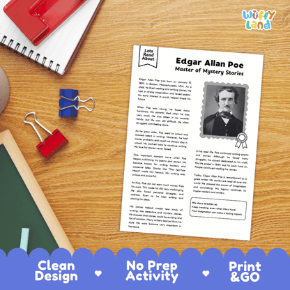 Student reading comprehension question worksheet and teacher answer key covering facts about Edgar Allan Poe