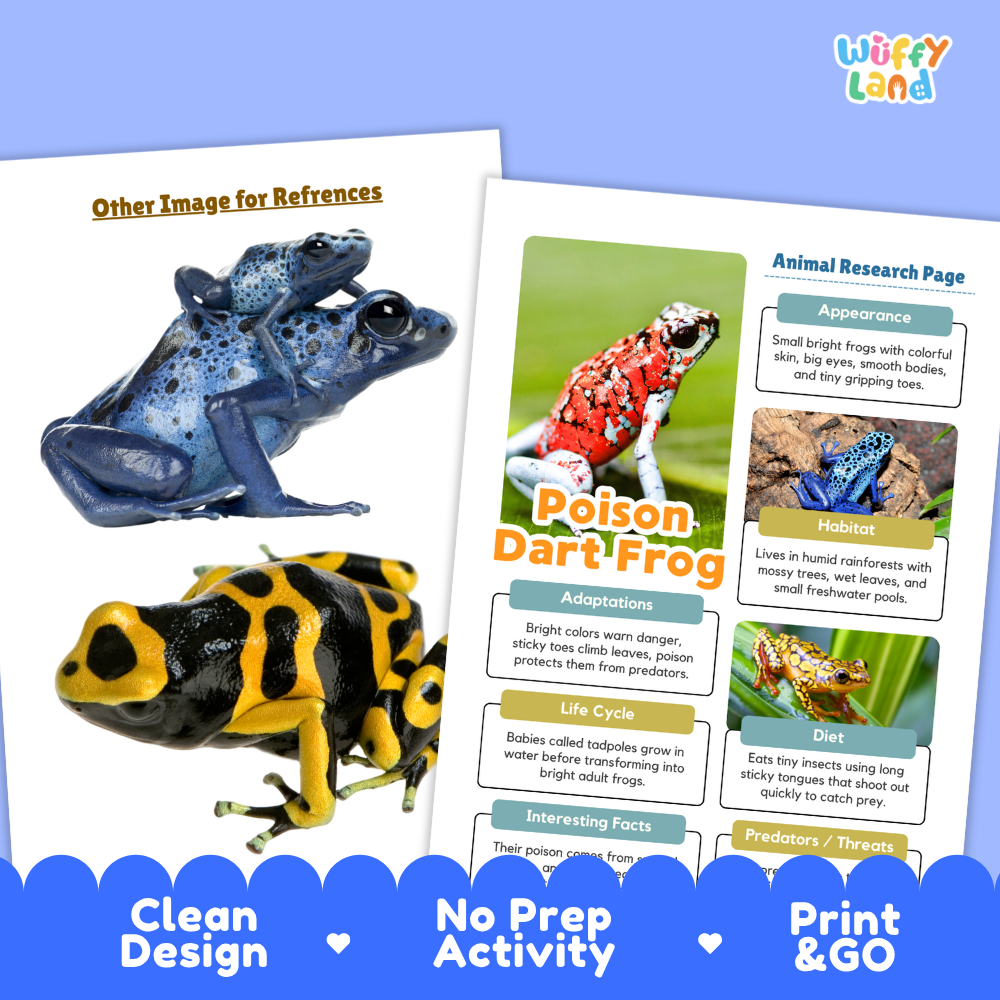 Two printed frog-themed activity sheets shown on a white background with a blue decorative banner at the bottom. The left sheet has a photo of blue and yellow frogs, and the right sheet is an animal research page about poison dart frogs with text boxes and frog photos.