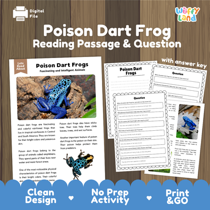 Poison Dart Frog Reading Passage and Comprehension Questions Worksheets
