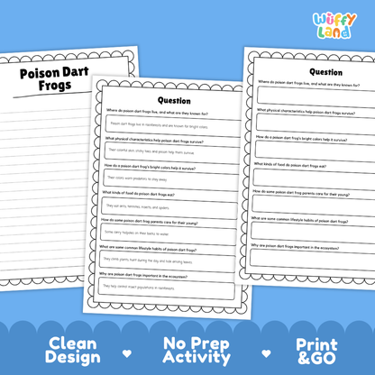 Poison Dart Frog Reading Passage and Comprehension Questions Worksheets
