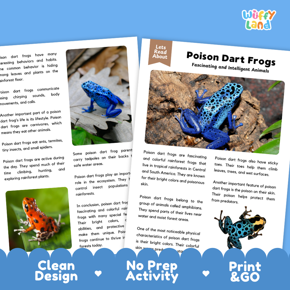 Poison Dart Frog Reading Passage and Comprehension Questions Worksheets