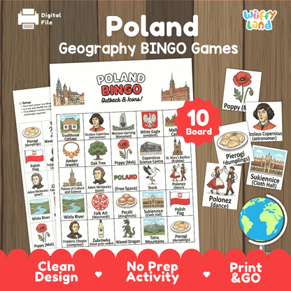 Classroom educational Bingo game cards featuring Nicolaus Copernicus, Pierogi dumplings, Sukiennice Cloth Hall, and Polonez dancers 🎲🥟