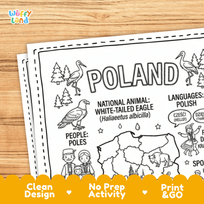 Cultural coloring page featuring traditional Polish Krakowiak costume, Wycinanki paper craft, Pysanki eggs, and Czesc greeting speech bubbles