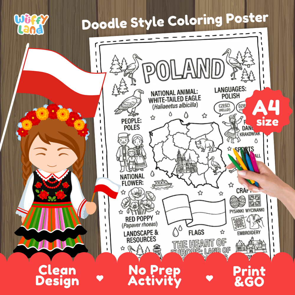 Printable A4 doodle coloring poster highlighting Poland map, White-Tailed Eagle, Malbork Castle, and Red Poppy flower 🎨🦅