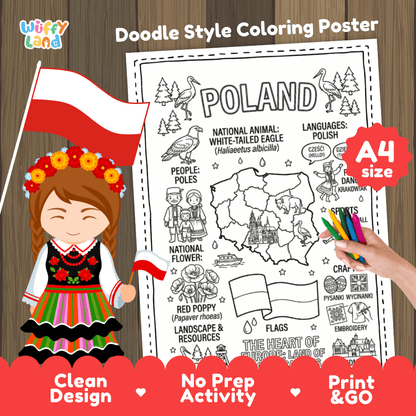 Printable A4 doodle coloring poster highlighting Poland map, White-Tailed Eagle, Malbork Castle, and Red Poppy flower 🎨🦅