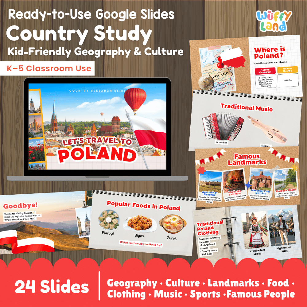 Interactive Google Slides deck displaying famous Polish landmarks like Malbork Castle and traditional foods like Pierogi and Bigos 💻🏰