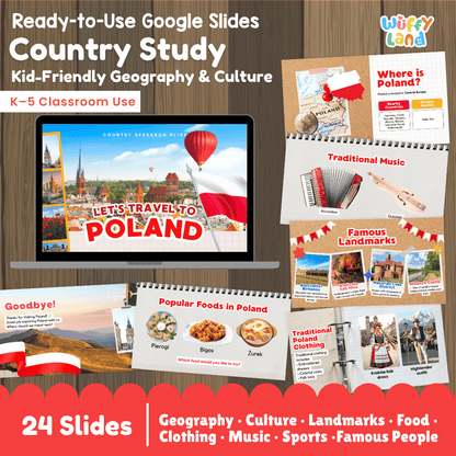 Interactive Google Slides deck displaying famous Polish landmarks like Malbork Castle and traditional foods like Pierogi and Bigos 💻🏰