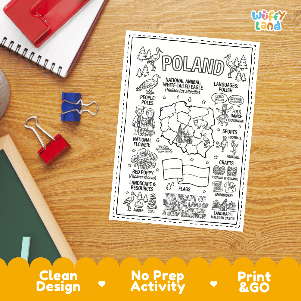 Doodle map coloring sheet showing Poland, historic castle architecture, storks, and Central European landscape