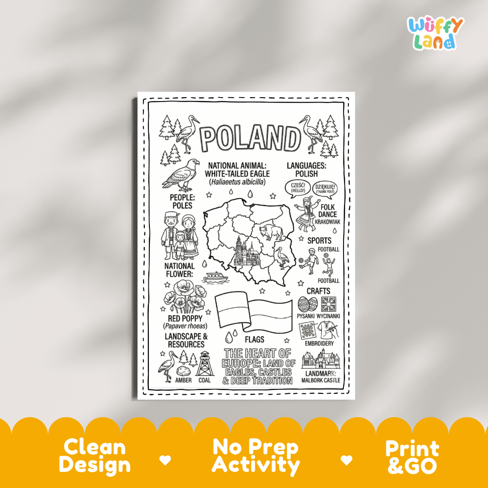Educational activity coloring page highlighting Poland White-tailed Eagle, Red Poppy flower, and national flag