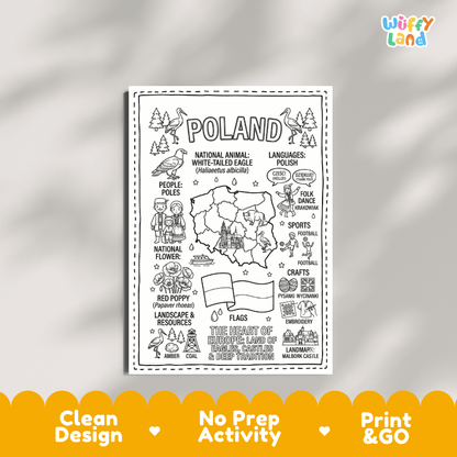 Educational activity coloring page highlighting Poland White-tailed Eagle, Red Poppy flower, and national flag