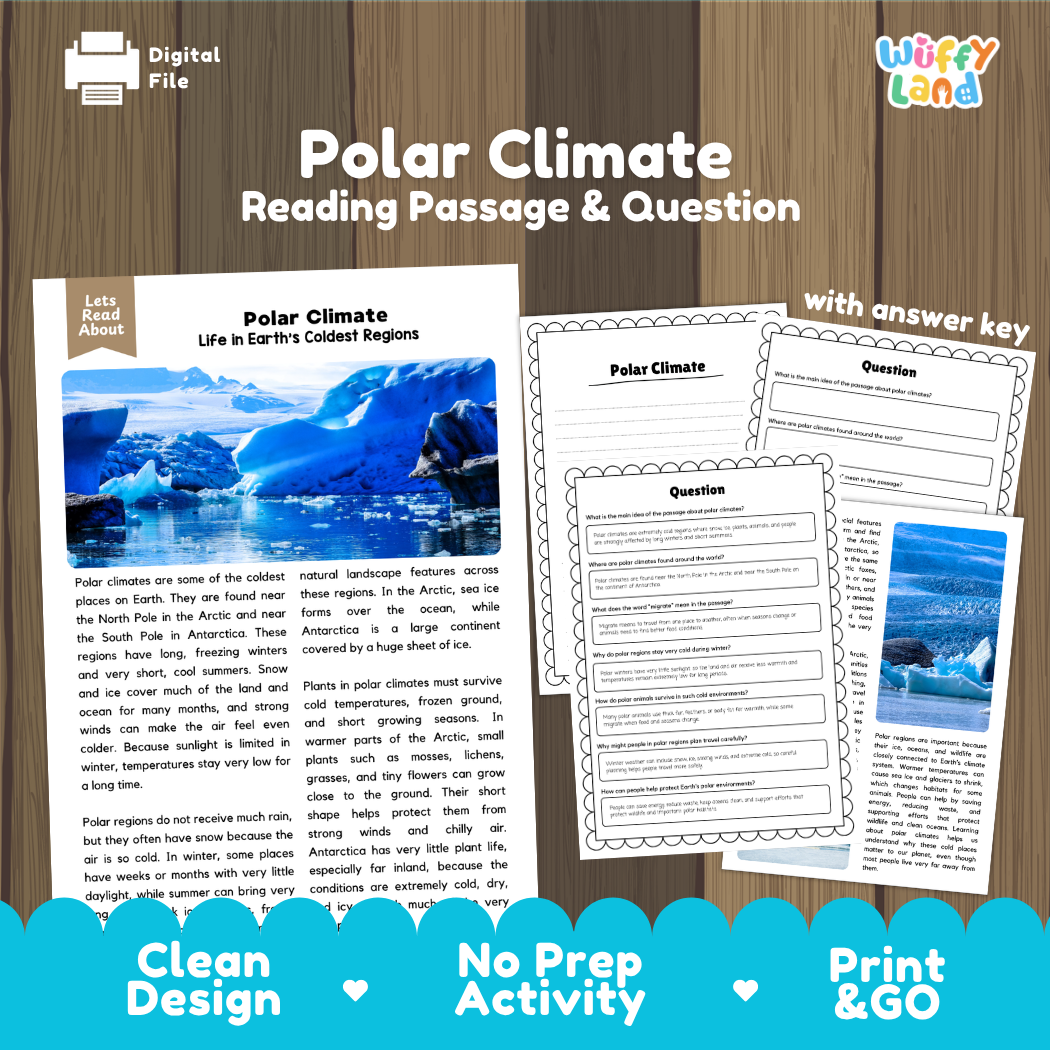 Polar Climate reading comprehension passage and questions printable activity pack with answer key for elementary students