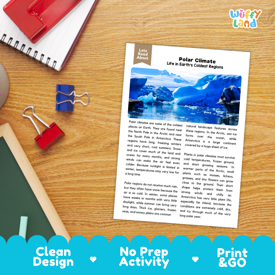 Student reading comprehension worksheet with short-answer questions and lined sections about polar climate zones