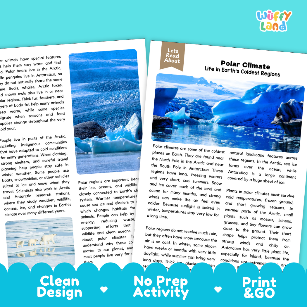 Teacher answer key page showing complete question solutions for Polar Climate Earth science and geography reading comprehension practice