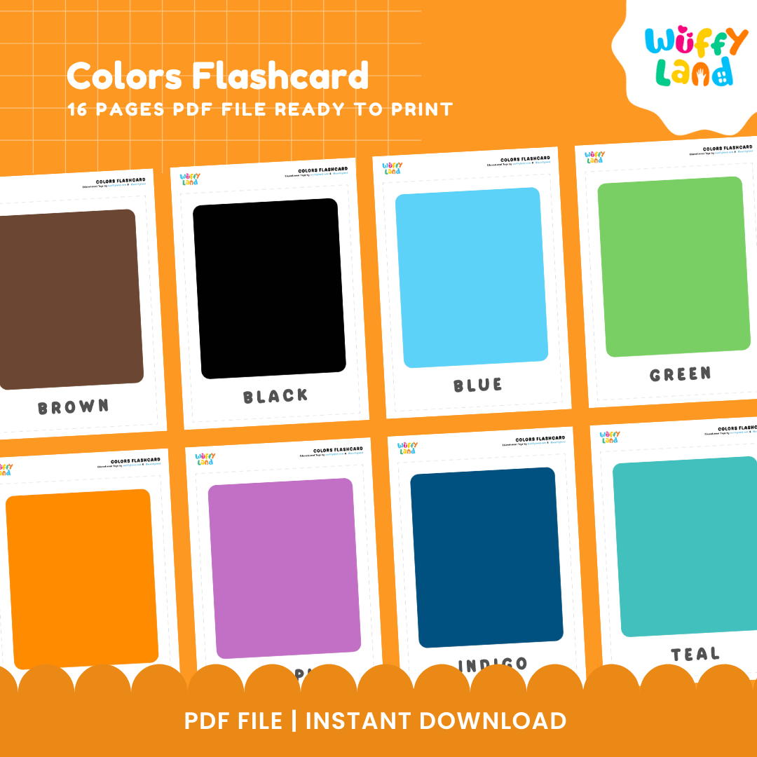 Printable color flashcards showing red yellow blue green pink teal brown orange swatch cards with matching word tags 🏷️🔴
