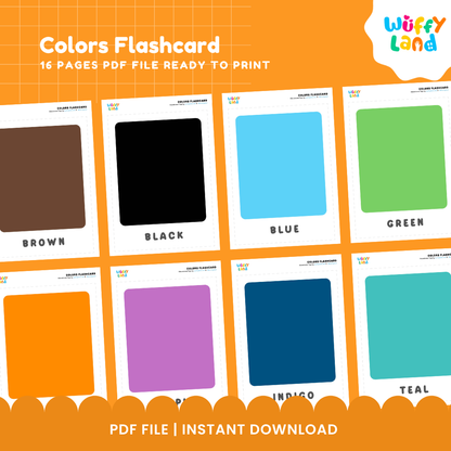 Printable color flashcards showing red yellow blue green pink teal brown orange swatch cards with matching word tags 🏷️🔴