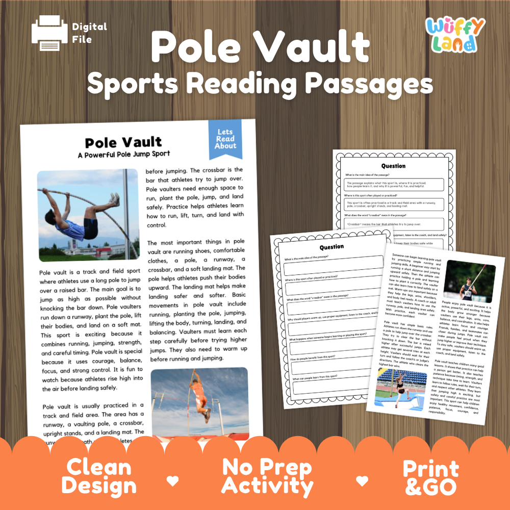 Pole Vault Sports Reading Passages and Comprehension Questions Worksheets