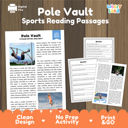 Pole Vault Sports Reading Passages and Comprehension Questions Worksheets