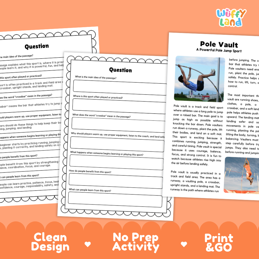 Pole Vault Sports Reading Passages and Comprehension Questions Worksheets