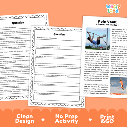 Pole Vault Sports Reading Passages and Comprehension Questions Worksheets