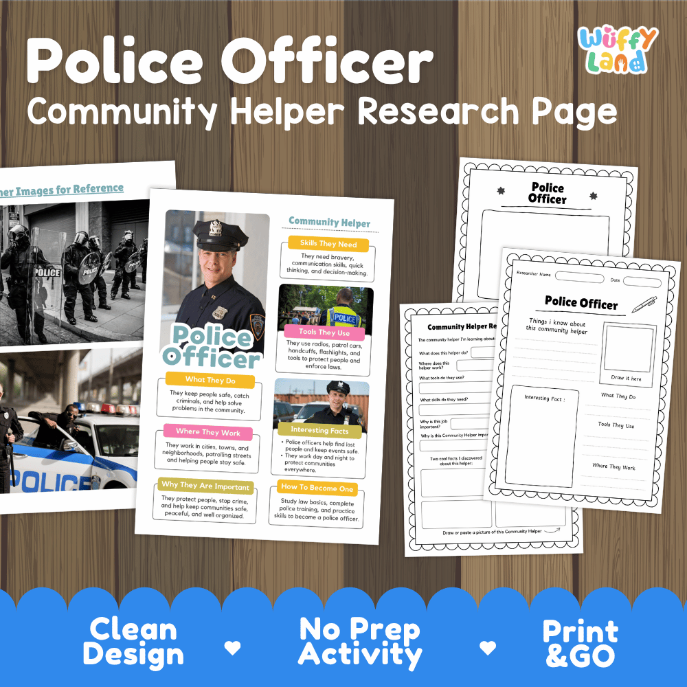 Police officer community helper research page writing worksheets pack featuring real photos and student activity pages for elementary social studies