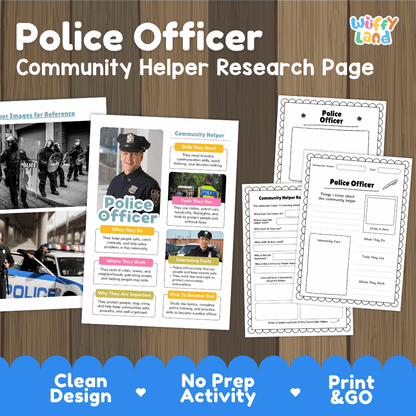 Police officer community helper research page writing worksheets pack featuring real photos and student activity pages for elementary social studies