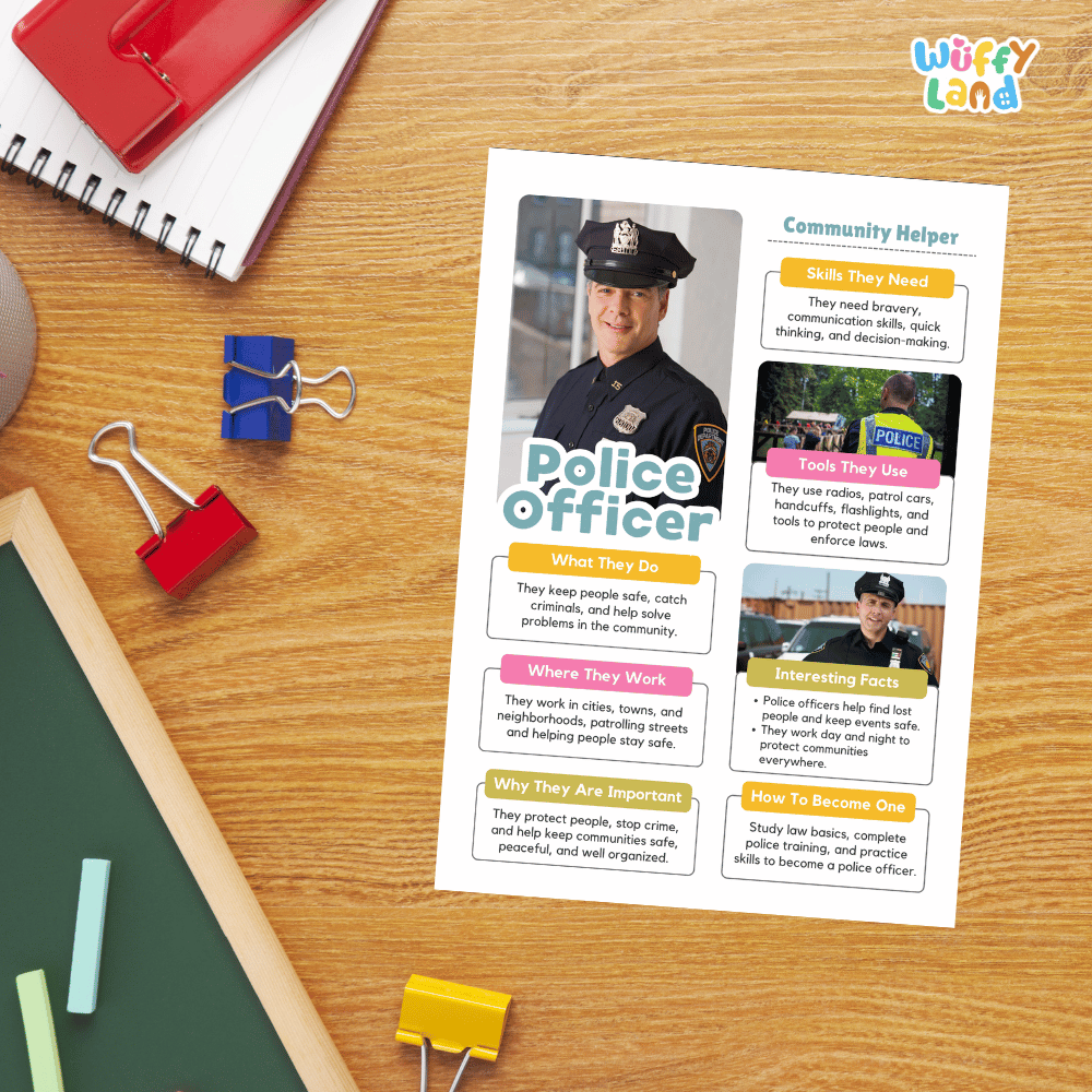 Guided student writing worksheets with lined sections for recording facts and a dedicated box for drawing or pasting a picture of a police officer