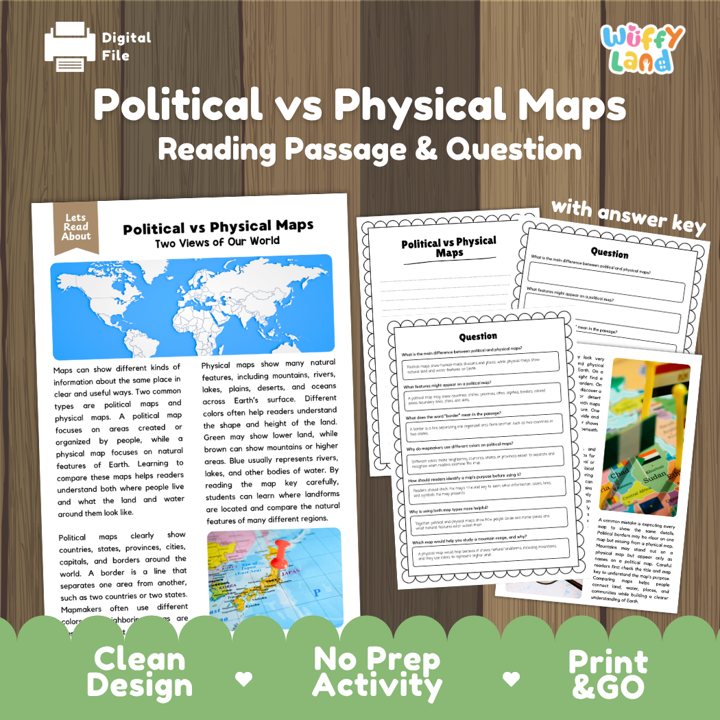 Political vs Physical Maps reading comprehension passage and questions printable activity pack with answer key for elementary students