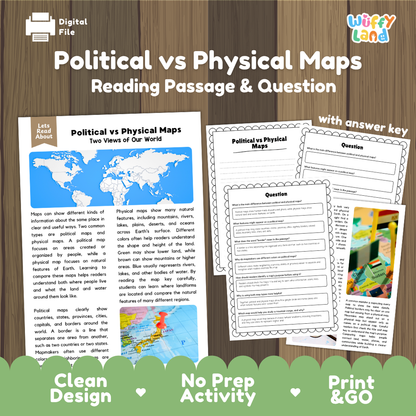 Political vs Physical Maps reading comprehension passage and questions printable activity pack with answer key for elementary students