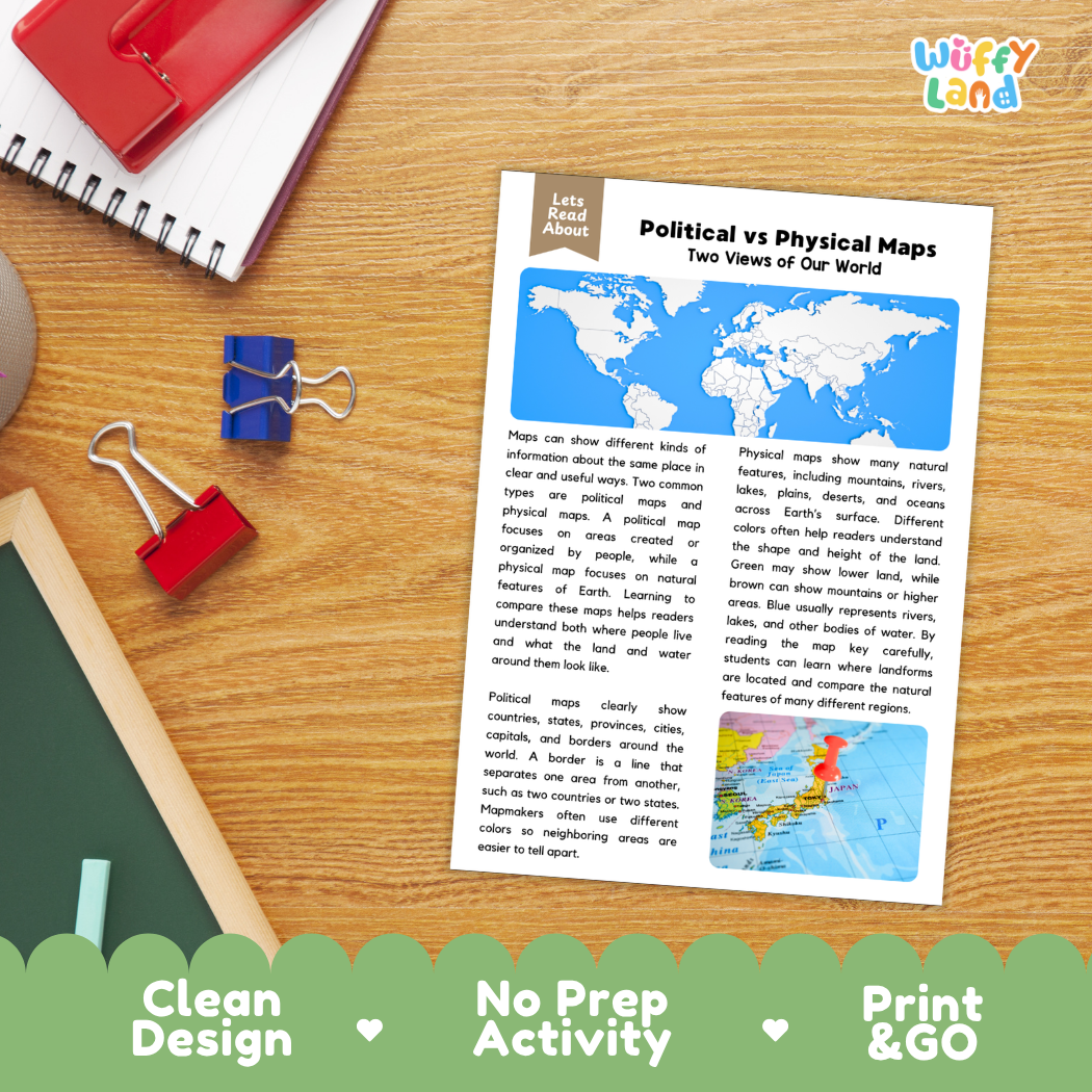 Student reading comprehension worksheet with short-answer questions and lined sections about political and physical maps